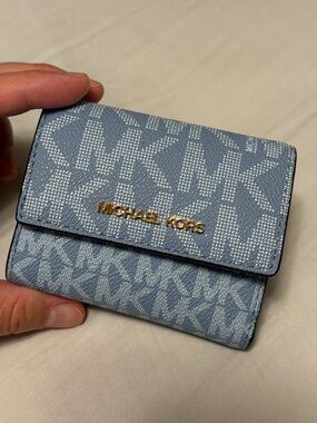 Michael Kors Light Blue MK Logo Compact Card Holder with Gold Logo